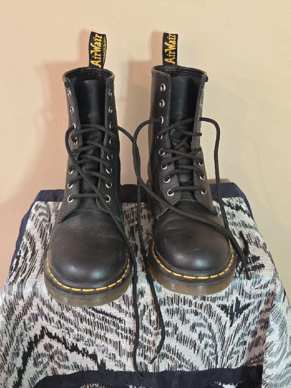 Dr. Martens Black Leather Lace-Up Combat Boots with Yellow Stitching - Picture 3 of 14